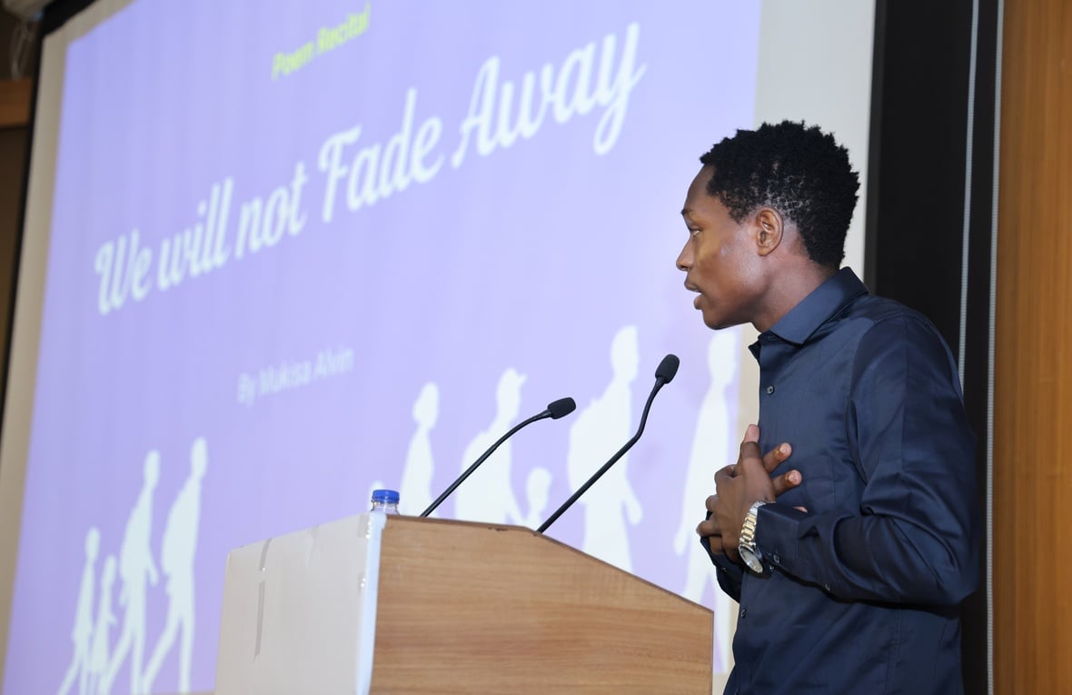  Mukisa, a poet from Uganda recites We Will Not Fade Away during UNHCR India's World Refugee Day celebration, reflecting on resilience, hope and the right to seek safety.