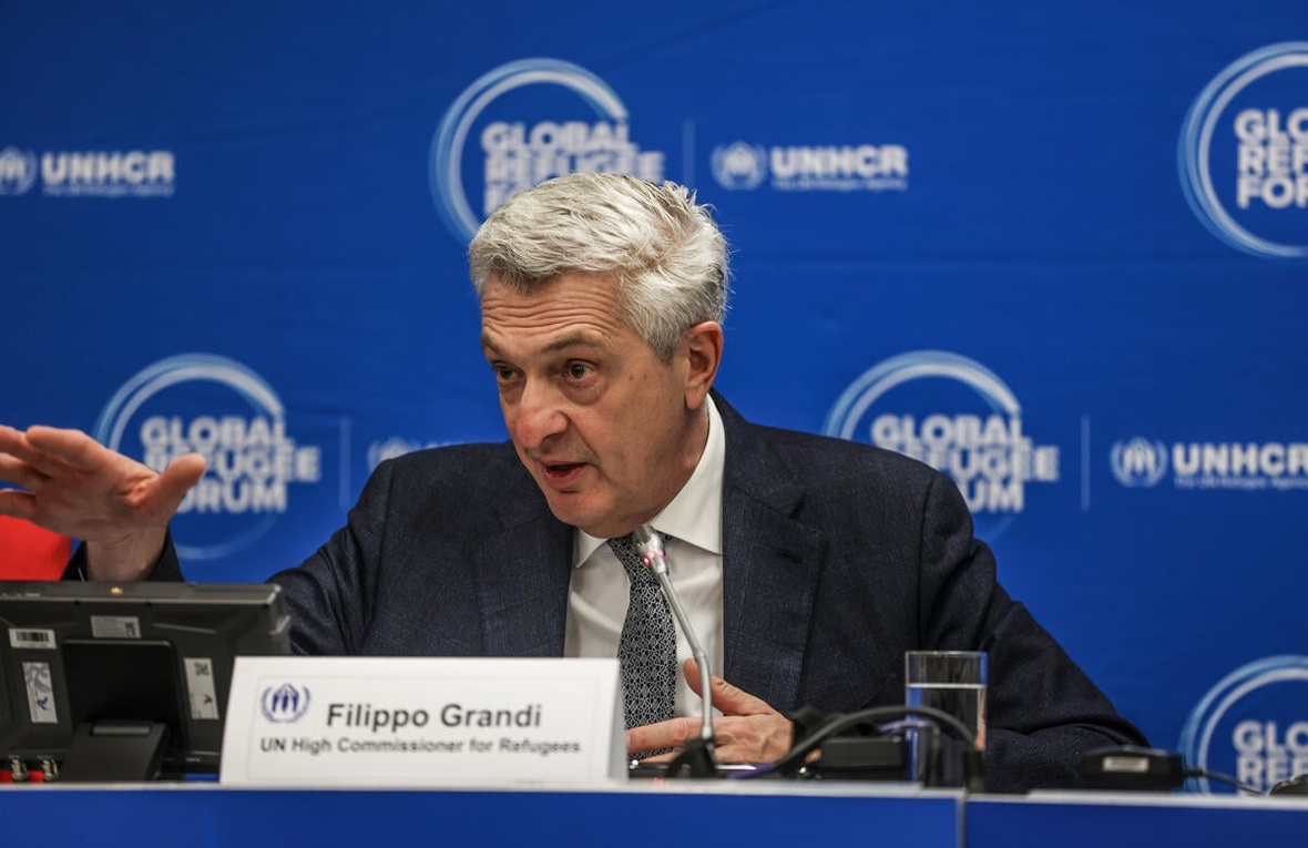 UN High Commissioner for Refugees Filippo Grandi speaks at a news conference at the Global Refugee Forum 2023.