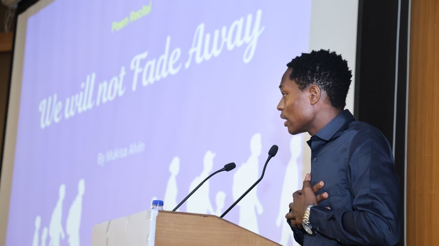  Mukisa, a poet from Uganda recites We Will Not Fade Away during UNHCR India's World Refugee Day celebration, reflecting on resilience, hope and the right to seek safety.