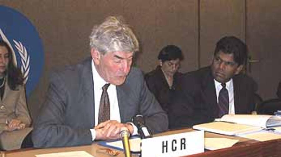High Commissioner Ruud Lubbers speaking before the U.N. Commission on Human Rights Wednesday.