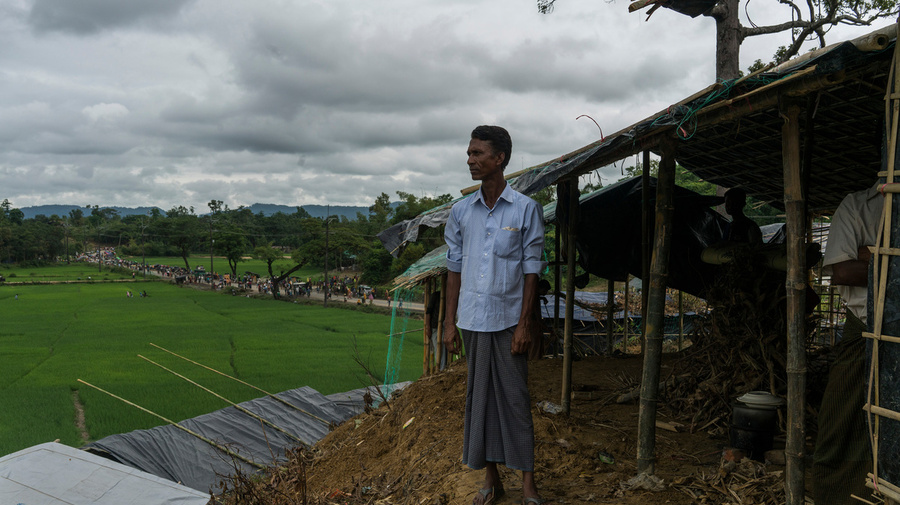 Bangladesh. Jaheed Hussain, a Rohingya refugee, in his shelter in an informal settlement