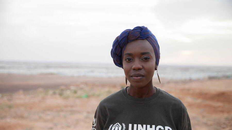Portrait of UNHCR Goodwill Ambassador Emi Mahmoud against the backdrop of Azraq refugee camp in Jordan in March 2018.