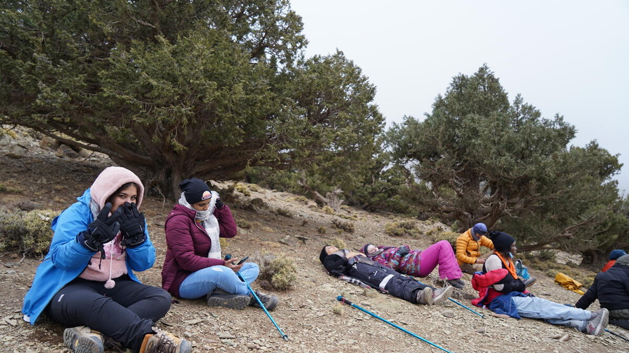 Morocco. Refugee women climbing the Toubkal.