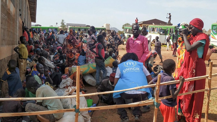 Sudanese and South Sudanese refugees arrive at a temporary site in Tsore, Ethiopia, after fleeing clashes in other parts of the country's Benishangul Gumuz region.