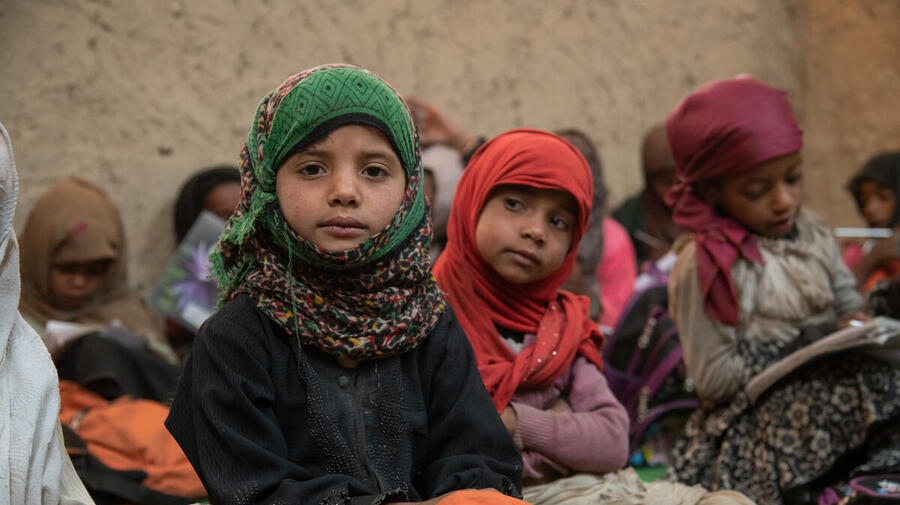 Yemen. Displaced children study in a school in Sana'a.