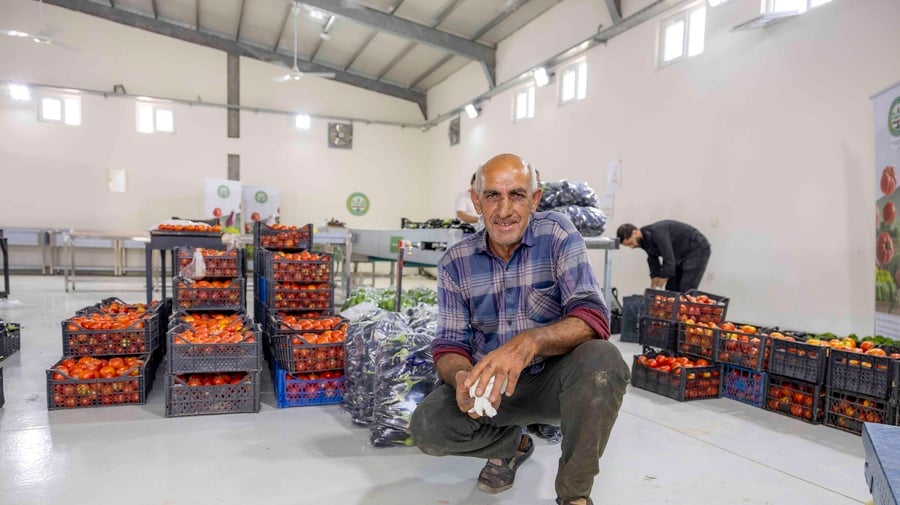 Sulayman is excited as boxes of his freshly harvested produce await sorting and packing at the Faida Aggregation Hub in Duhok, ready to make their way to local markets. © UNHCR/Rasheed Rasheed