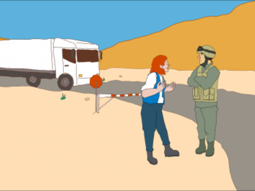 A cartoon of two people standing in a desert