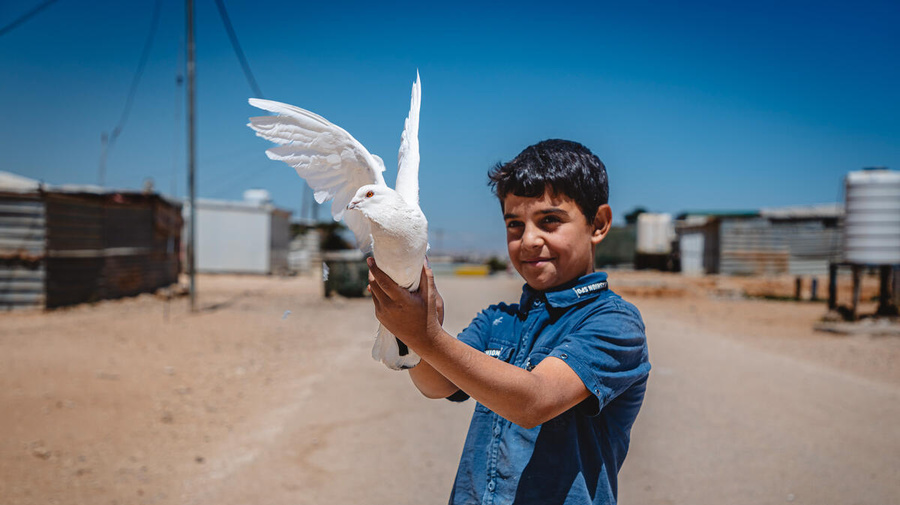 Bambino rifugiato nel campo di Zaatari con una colomba