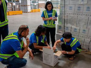 Budapest supply team pictured at the UNHCR warehouse in Ullo, Hungary.