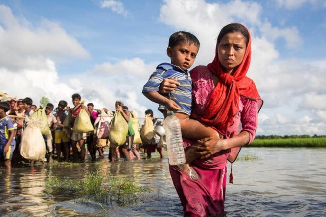 A Rohingya mother wades through water as she crosses the border from  Myanmar into Bangladesh, near the village of Anzuman Para in Palong Khali.