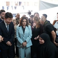 Minister of Social Affairs, Haneen Sayed along side H.E Ambassador Geon Gyusuk and UNHCR Representative in Lebanon Karolina Lindholm Billing in a visit to a collective shelter in Beirut, Lebanon