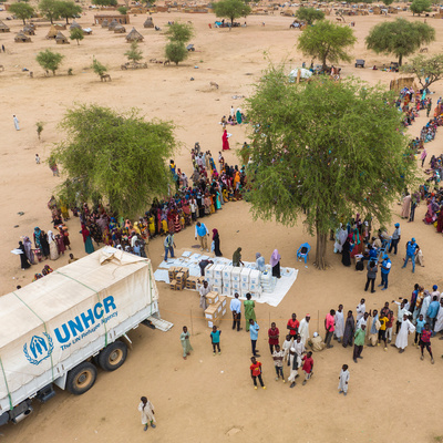 Relief items are distributed to newly arrived Sudanese refugees in Chad.