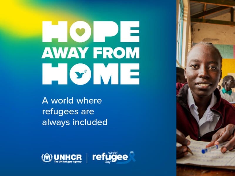 Two girls sitting at a desk in a classroom. On the left, a text reads "Hope away from home".