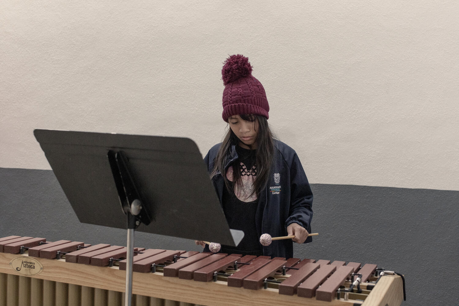 A girl in a bobble hat plays the xylophone.