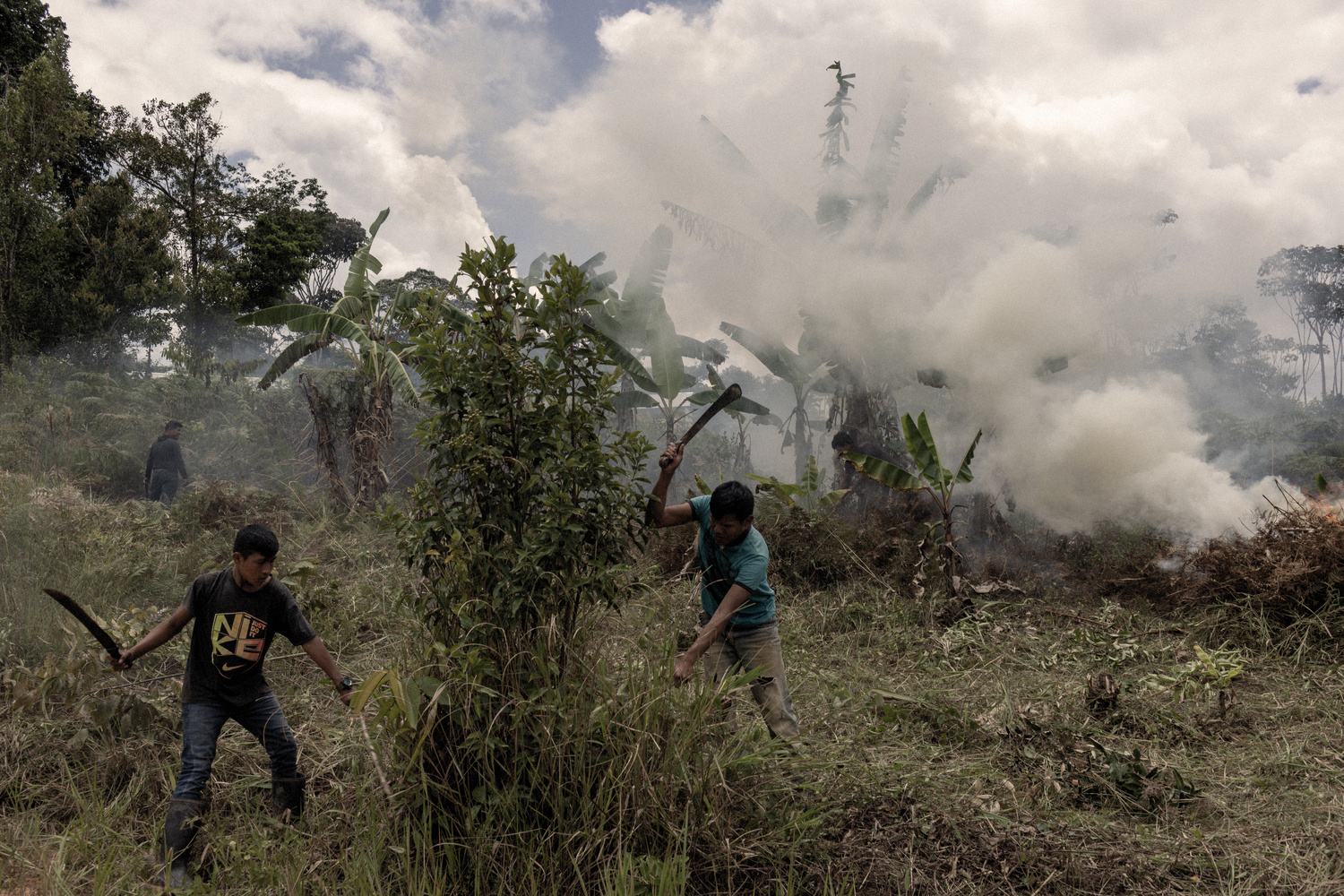 Young men clear vegetation with machetes while a small fire burns in the background