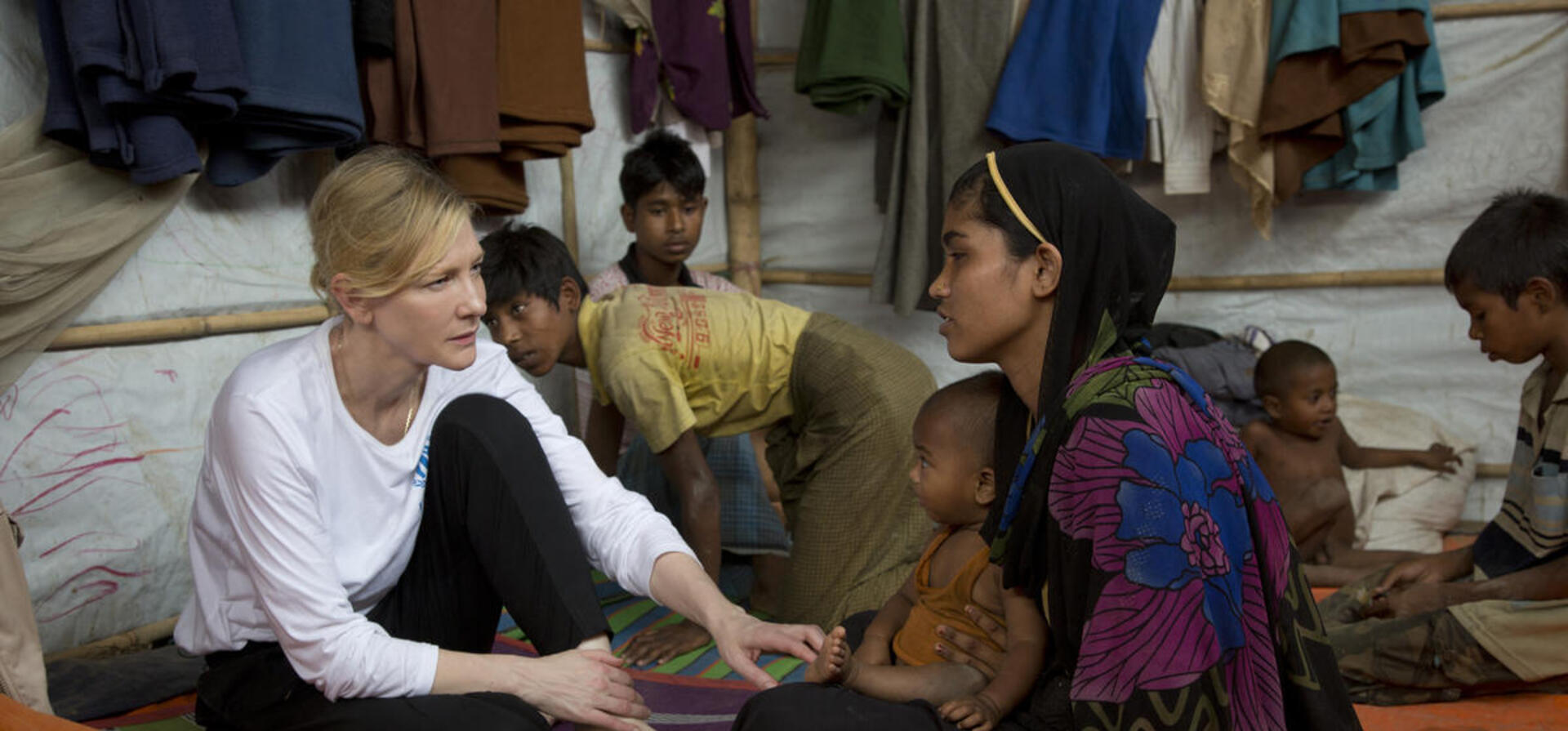 Bangladesh. UNHCR Goodwill Ambassador Cate Blanchett visits Rohingya refugee Nur Fatima in Nyapara refugee settlement.