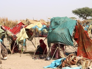 Sudanese refugees sit in the shade under makeshift shelters in the Chadian desert