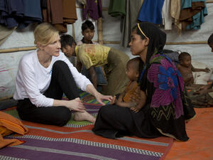 Bangladesh. UNHCR Goodwill Ambassador Cate Blanchett visits Rohingya refugee Nur Fatima in Nyapara refugee settlement.