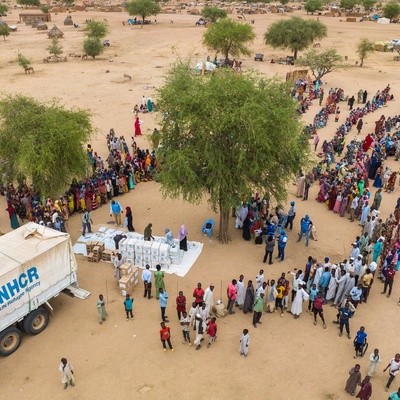 Relief items are distributed to newly arrived Sudanese refugees in Chad.