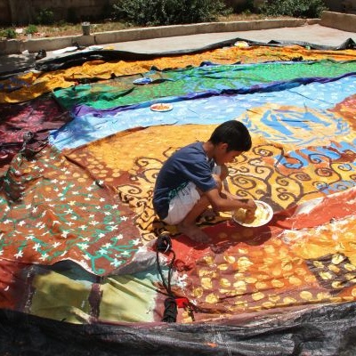 The artwork on this tent was inspired by the Austrian symbolist painter Gustav Klimt and the Syrian poet Nizar Qabbani.
