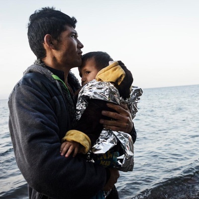 Greece. Refugees arrive on the shores of the island of Lesbos after crossing the Aegean sea from Turkey