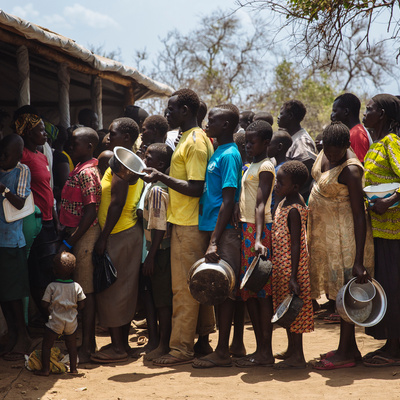 Uganda. South Sudanese refugees queue for food the Imvepi reception centre
