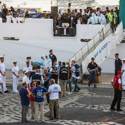 Italy. 150 refugees and migrants on board the Italian Coast Guard ship "Diciotti", are allowed to disembark in the port of Catania after a 10 day stand- off.