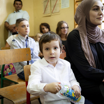 Poland. Chechen children mingle happily in village school