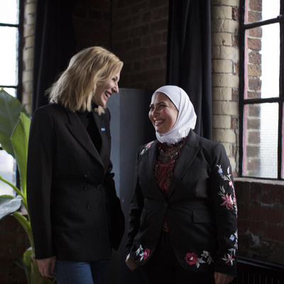 London. UNHCR Goodwill Ambassador Cate Blanchett with Razan Alsous, a refugee from Damascus, Syria, and Founder of Yorkshire Dama Cheese
