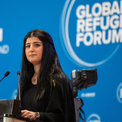 Switzerland. Former Iraqi refugee speaks at the Global Refugee Forum