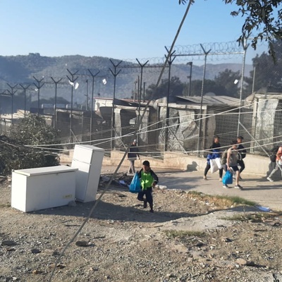 Fire damage at the Registration and Identification Center at Moria camp, Lesvos, Greece.