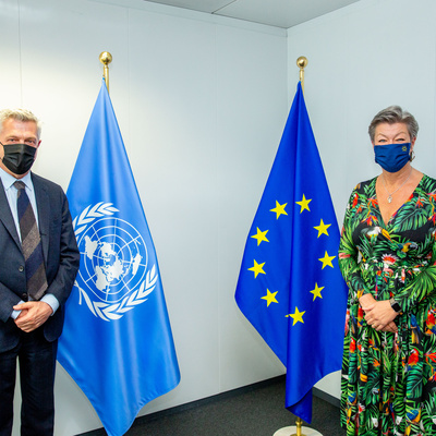 UN High Commissioner for Refugees Filippo Grandi at joint press event with European Commissioner for Home Affairs, Ylva Johansson.