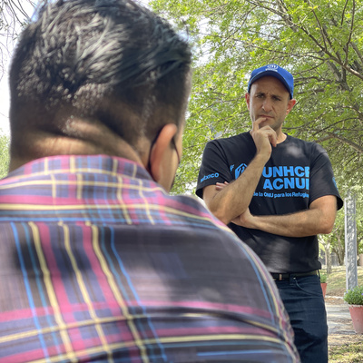 Alberto Lati meets with refugees in Parque Fundidora in Monterrey, Mexico, City. 