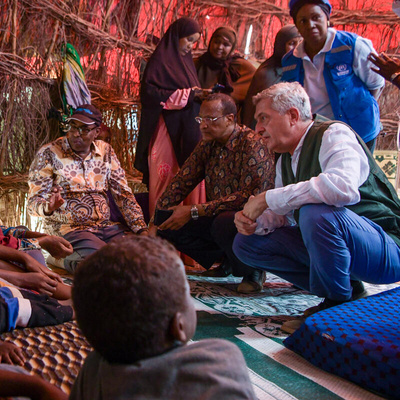 UN High Commissioner for Refugees Filippo Grandi visits a Somali family who recently arrived at a temporary site near Dagahaley refugee camp, Kenya.