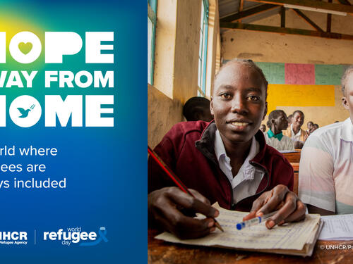 Two girls sitting at a desk in a classroom. On the left, a text reads "Hope away from home".
