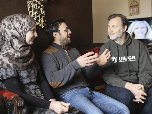 UNHCR Goodwill Ambassador David Morrissey meets Syrian refugees Talal Khaled Marwan (aged 32), his wife Maha (26) and their son Hisham in Lebanon