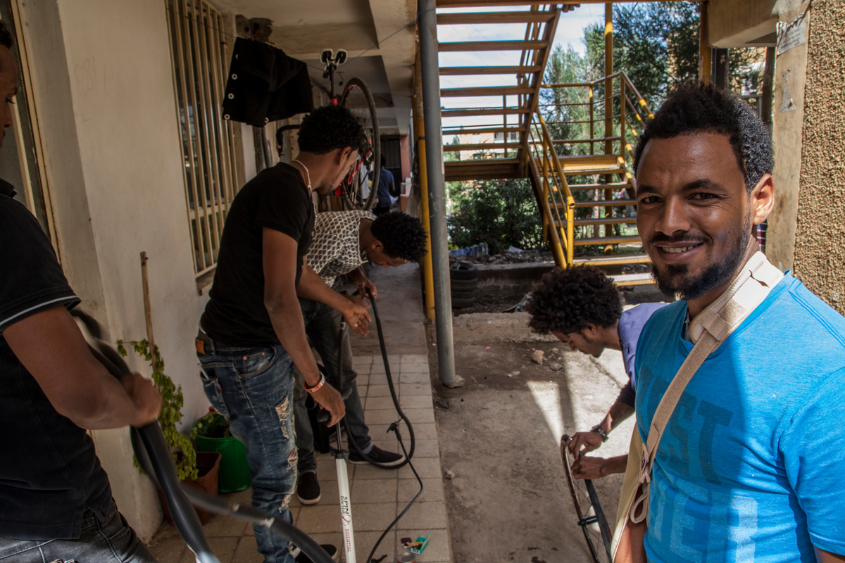 Ethiopia. Filimon and his team do maintenance on their bikes