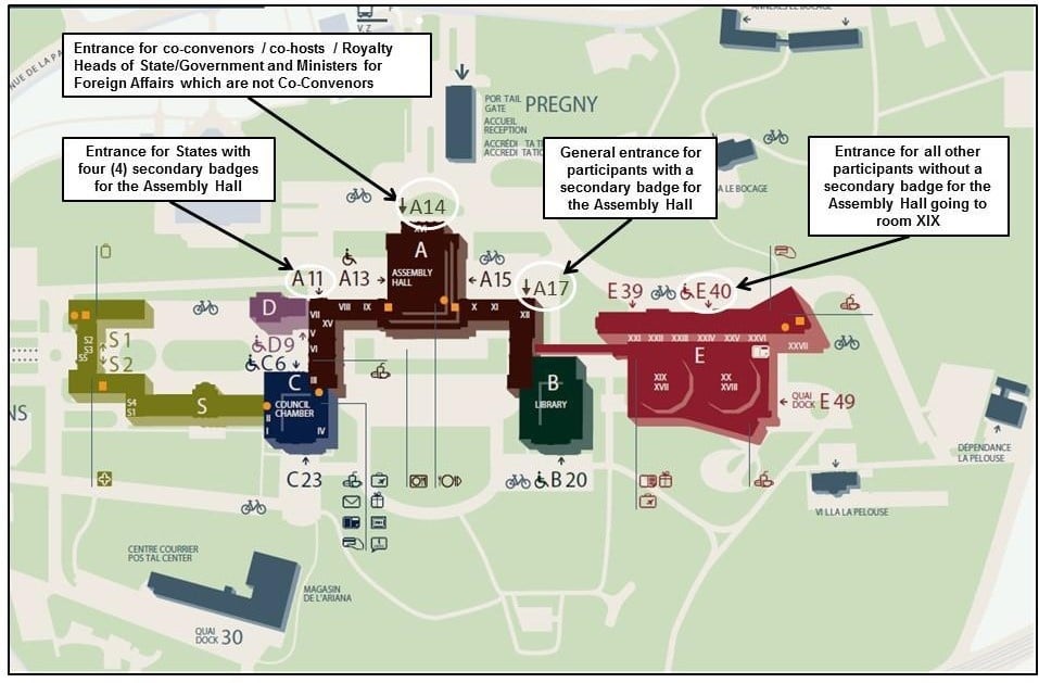 Map of Palais des Nations showing outdoor access points