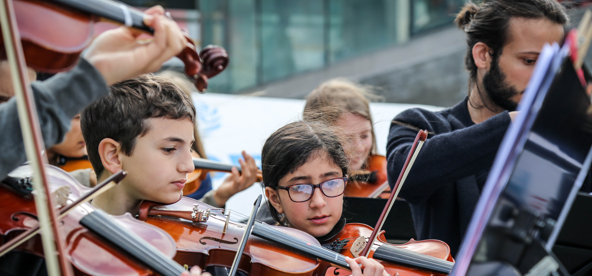 Sweden. Refugee and asylum-seeking children play music for integration