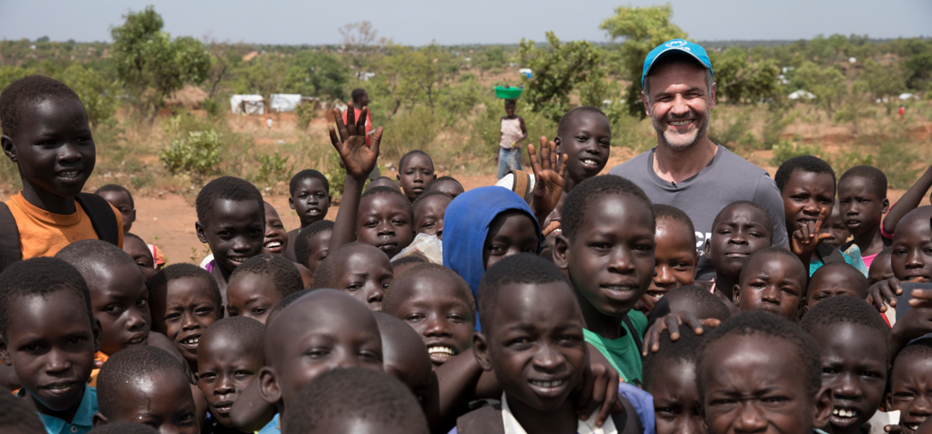 Uganda. UNHCR Goodwill Ambassdor Khaled Hosseini in in Bidibidi settlement for refugees from South Sudan