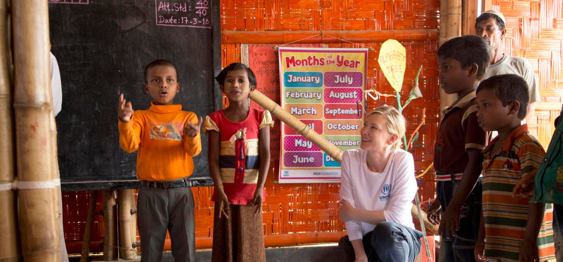 Bangladesh. UNHCR Goodwill Ambassador Cate Blanchett meets young Rohingya refugees at a UNHCR funded Temporary Learning Centre run by UNHCR Implementing Partner: CODEC in Kutupalong refugee settlement