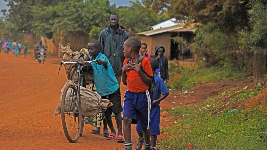 Uganda. Young refugee pupils walk to school in Kyangwali refugee settlement in Hoima District