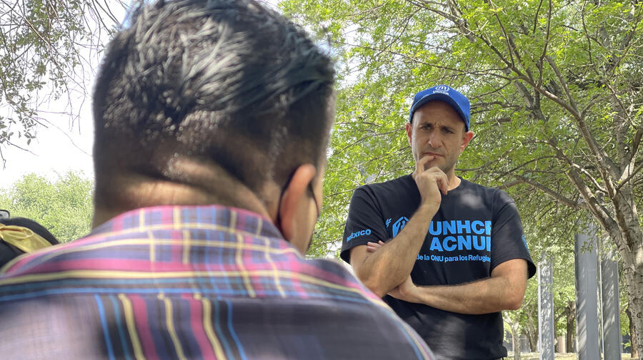 Alberto Lati meets with refugees in Parque Fundidora in Monterrey, Mexico, City. 
