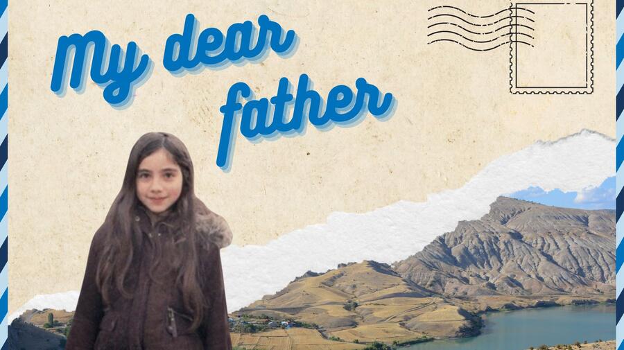 A postcard featuring a photo of a young girl and the words 'My dear father '
