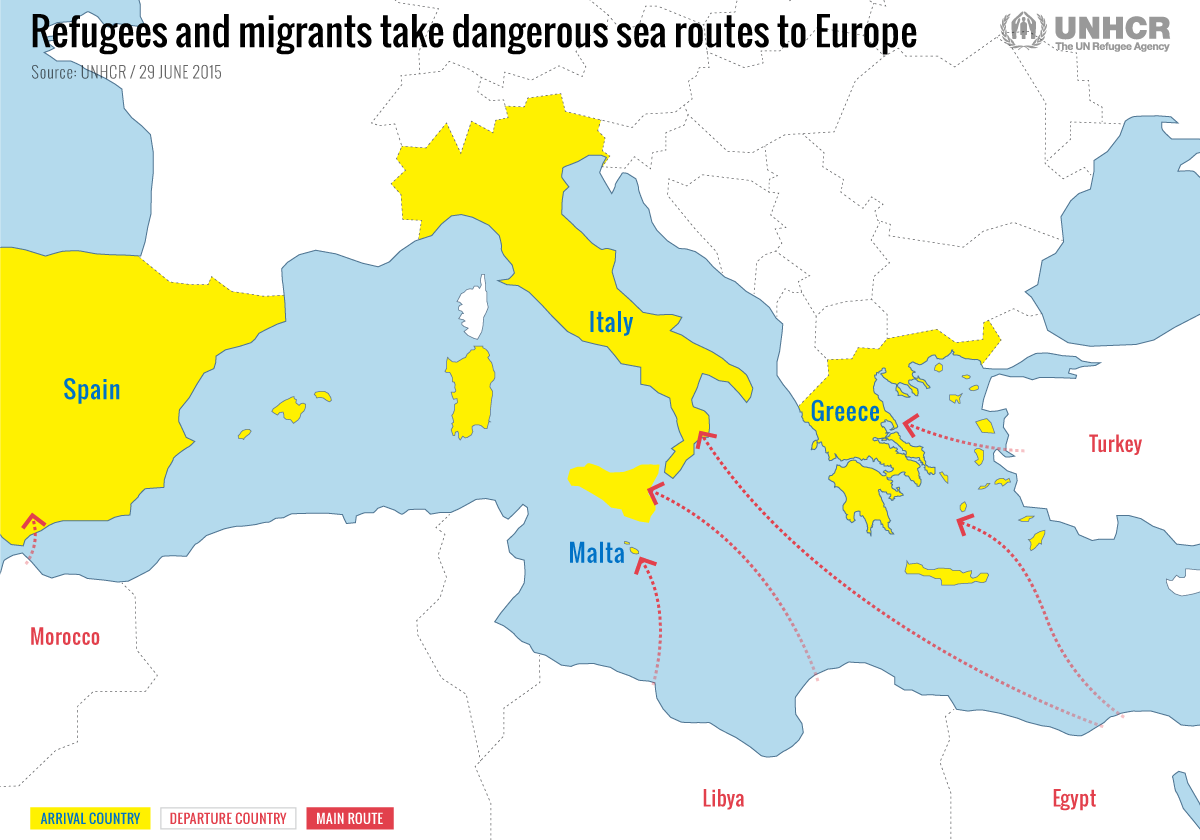 Kartē illustrēti visbiežāk izmantotie bēgļu ceļi Vidusjūras reģionā.