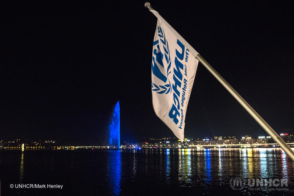 Switzerland. City of Geneva turns its fountain blue in honour of the Global Refugee Forum