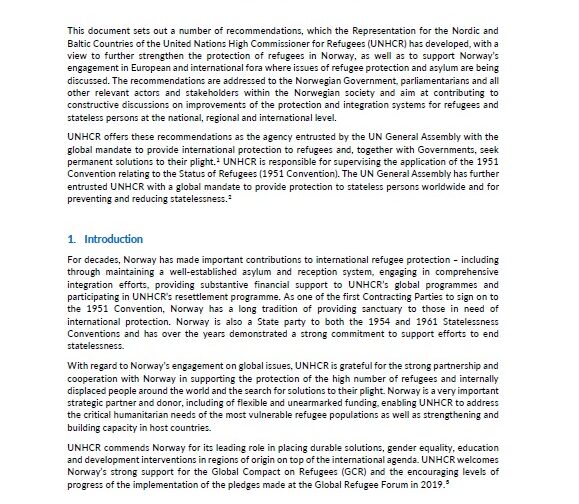 Image of the first page of UNHCR's Recommendations to Norway.