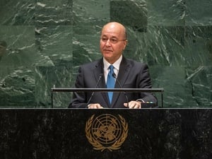 Voormalig president van Irak Barham Salih spreekt in 2019 de Algemene Vergadering van de VN in New York toe.