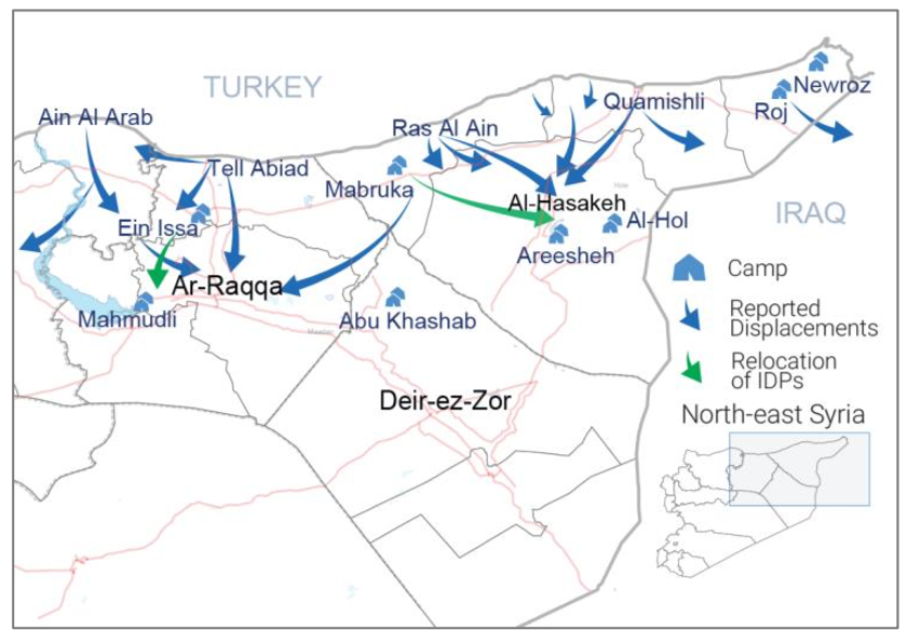Vluchtrichtingen in Noordoost-Syrië, 15 oktober 2019.