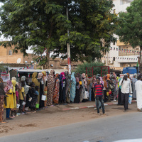 A group of people standing in a line